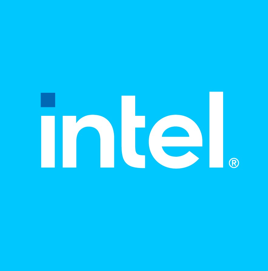 Blue square Intel logo.